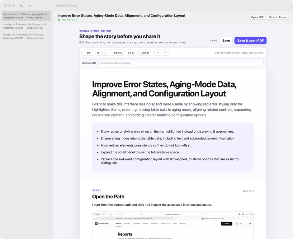 The native JesSee Mac Library with an editable visual story, source URL, formatting controls, and PDF actions